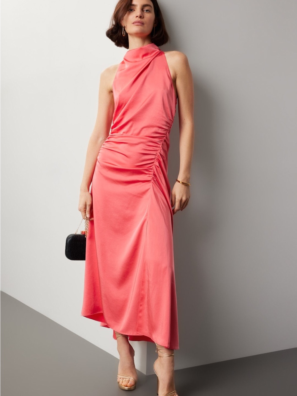 A.L.C. Coral Pink Ruched Mock Neck Midi Dress — Size 4